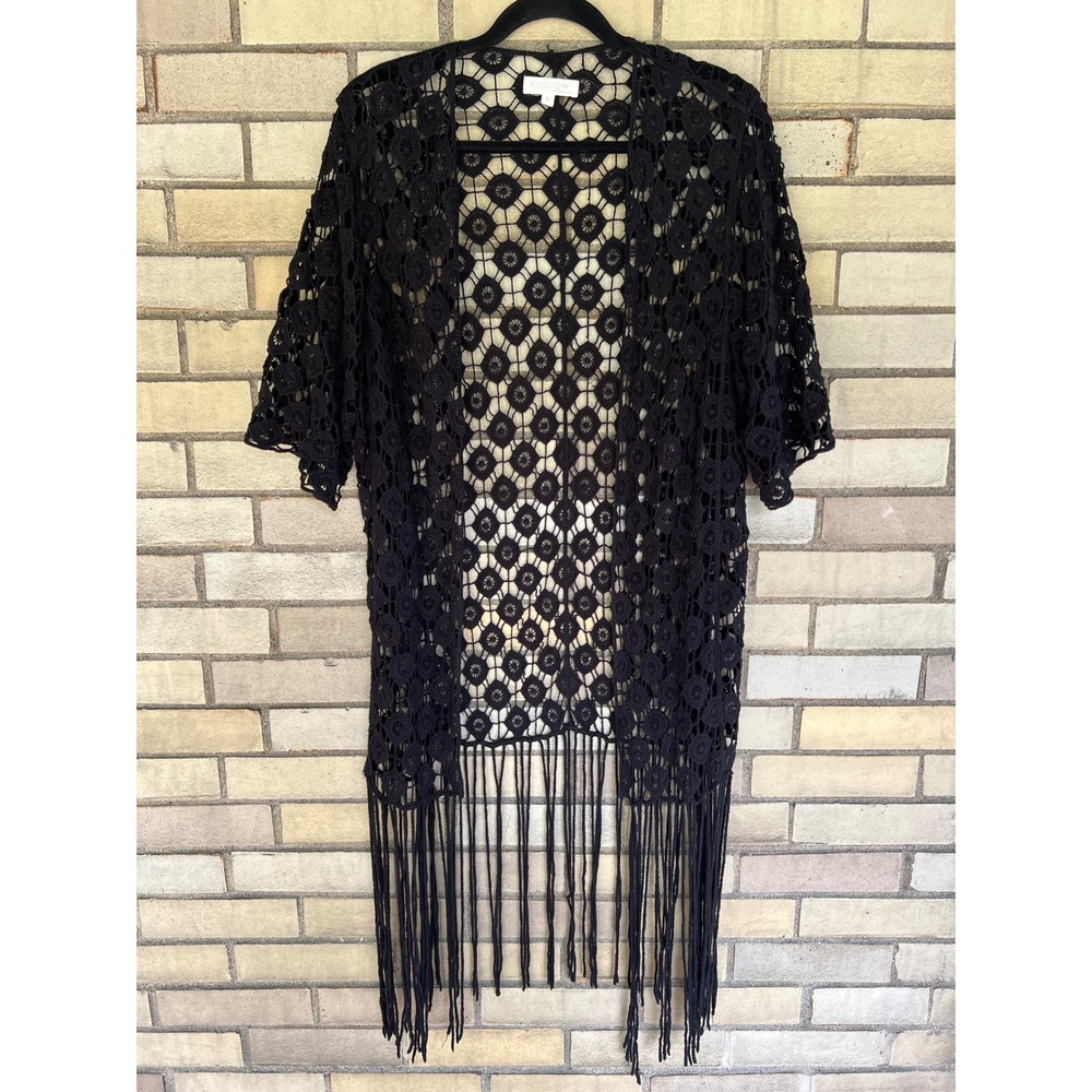 Rebellion Again Black Crochet Fringe Open Front Kimono Cardigan Size Medium